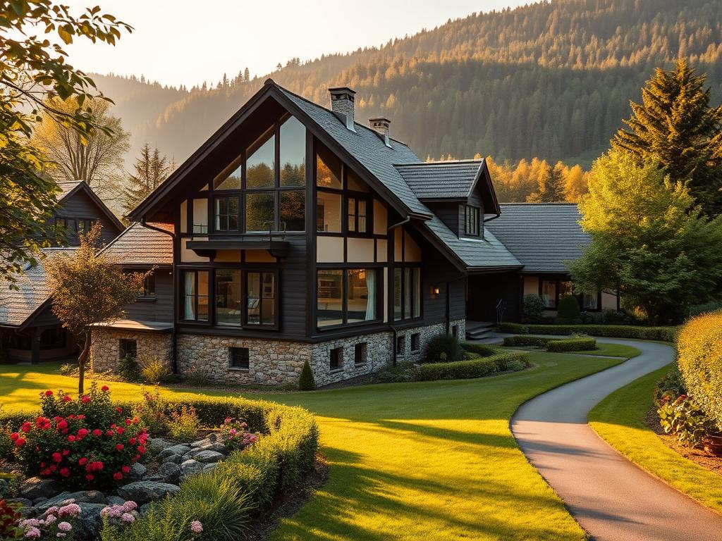 A Schwarzwald Immobilien nestled in a lush, verdant landscape, showcasing a harmonious blend of traditional architectural elements and modern amenities. The steeply pitched roof, timber-framed façade, and rustic stone foundations pay homage to the region's iconic style, while large windows, contemporary materials, and sleek lines introduce a touch of modernity. The scene is bathed in warm, golden light, casting a cozy, inviting atmosphere. In the foreground, a well-tended garden with vibrant flowers and lush greenery complements the charming building. The middle ground features a tranquil pathway winding through the property, leading the viewer's eye towards the picturesque Schwarzwald backdrop in the distance.