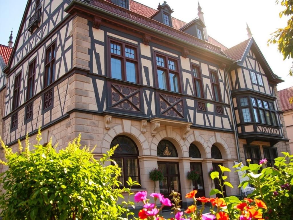 A beautifully renovated old-style building, its intricate facade meticulously restored to its former glory. Warm sunlight bathes the scene, casting gentle shadows across the sturdy stone walls and ornate architectural details. The building stands proudly, a testament to the care and craftsmanship that went into reviving this historic structure. In the foreground, lush greenery and vibrant flowers add a touch of natural beauty, complementing the elegant, timeless design. The image conveys a sense of harmony between the building's historical character and contemporary refinement, inviting the viewer to appreciate the value of preserving and revitalizing Germany's architectural heritage.