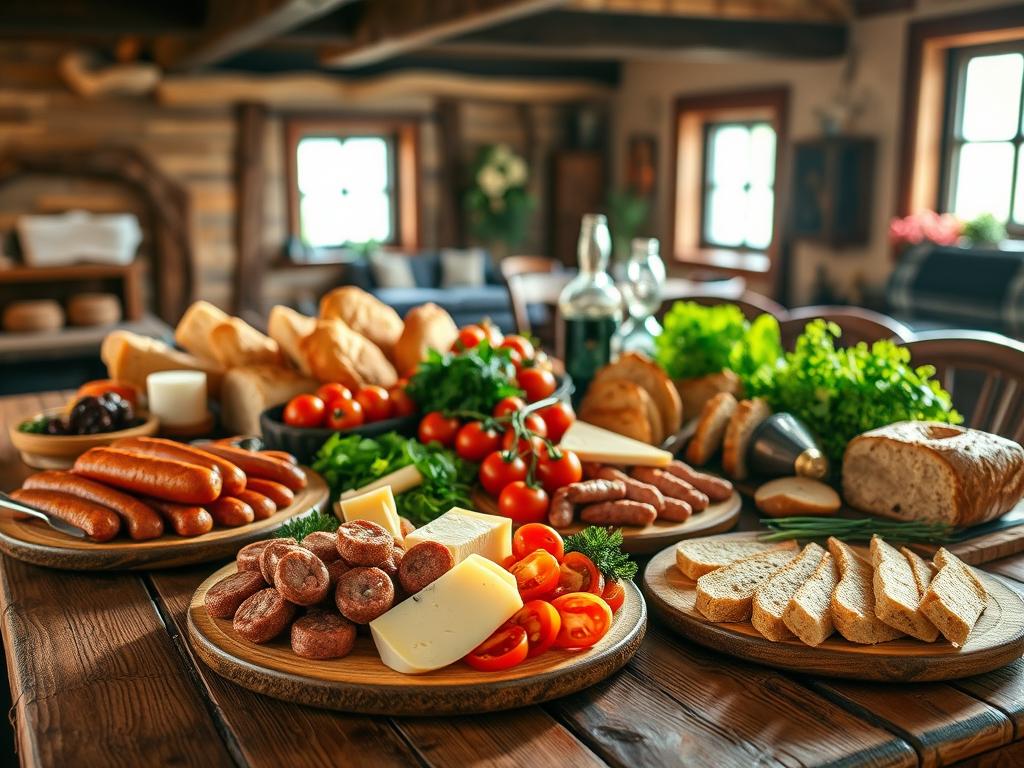 A bountiful spread of traditional Franconian delicacies adorns a rustic wooden table, illuminated by warm, natural lighting. In the foreground, artfully arranged platters showcase hearty sausages, rich cheeses, and freshly baked breads, their textures and colors inviting the viewer to savor each bite. In the middle ground, a selection of local produce, including ripe tomatoes, crisp greens, and fragrant herbs, complements the main dishes. The background features a cozy, countryside setting, with weathered wooden beams and soft, earthy tones creating an atmosphere of homespun elegance. The overall scene evokes a sense of authentic Franconian cuisine, where time-honored recipes and high-quality ingredients come together to delight the senses.