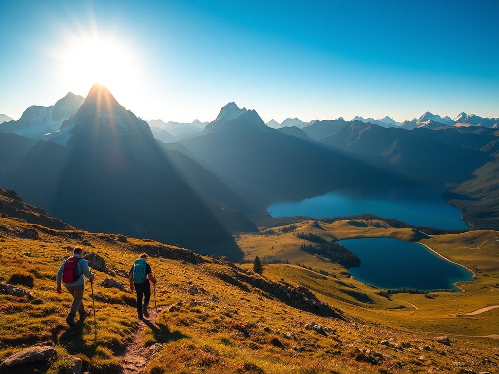 A breathtaking alpine landscape, bathed in the warm glow of golden hour. In the foreground, hikers traverse a winding mountain trail, their backpacks and trekking poles reflecting the sunlight. Towering peaks rise majestically in the middle ground, their snow-capped summits piercing the azure sky. In the distance, a serene alpine lake shimmers, its crystal-clear waters surrounded by lush, verdant meadows dotted with wildflowers. The scene is imbued with a sense of tranquility and adventure, inviting the viewer to immerse themselves in the beauty and activities of this stunning alpine panorama.