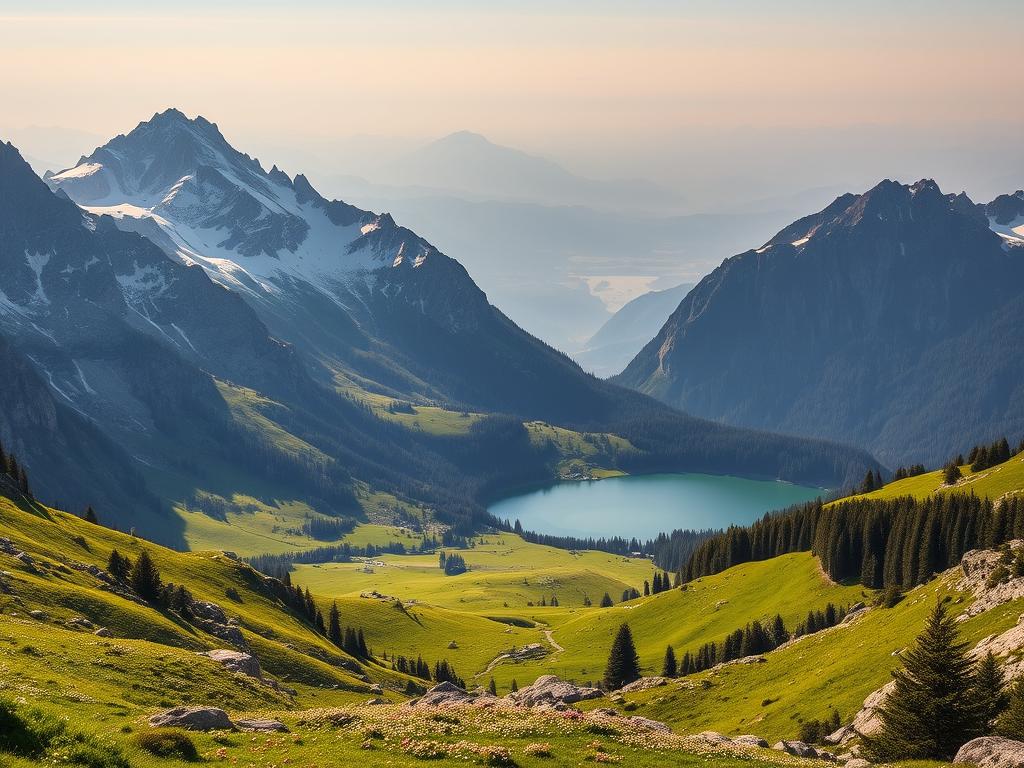 A breathtaking alpine landscape in the Bavarian Alps, bathed in warm golden light. In the foreground, majestic snow-capped peaks rise majestically, their jagged silhouettes casting dramatic shadows across the rugged terrain. In the middle ground, lush green meadows dotted with wildflowers cascade down the mountainsides, leading the eye towards a serene alpine lake, its crystalline waters reflecting the surrounding mountains and forests. In the distance, a hazy blue-grey horizon frames the scene, evoking a sense of peaceful solitude and awe-inspiring natural beauty. The overall composition conveys a harmonious balance between the dramatic, towering peaks and the tranquil, verdant valleys, capturing the essence of Bavaria's untamed alpine splendor.