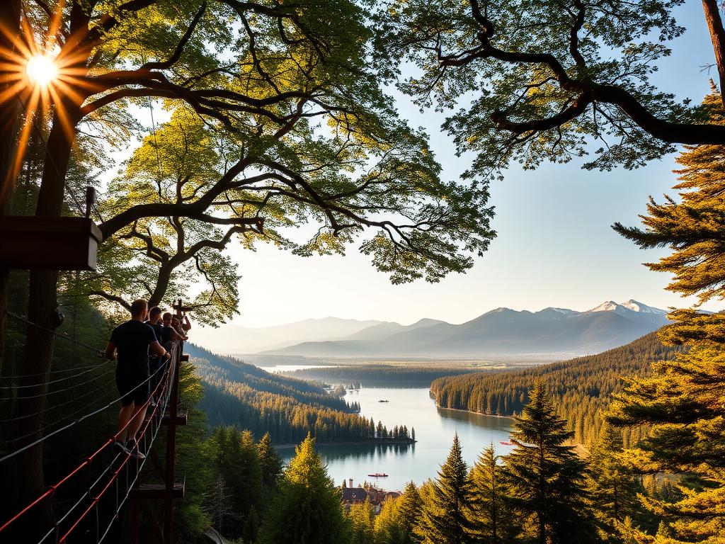 A breathtaking landscape in Baden-Württemberg, Germany, with a group of employees embarking on an adventurous team-building excursion. In the foreground, a thrilling high ropes course stretches across a lush, verdant forest canopy, challenging the daring team to work together and overcome obstacles. In the middle ground, a serene lake reflects the surrounding hills and trees, while kayaks and canoes dot the water's surface, offering a tranquil aquatic adventure. In the distance, majestic mountains rise, their peaks capped with snow, creating a picturesque backdrop for this adrenaline-fueled corporate retreat. Warm, golden sunlight filters through the trees, casting a warm, inviting glow over the entire scene and capturing the spirit of camaraderie and team-building.