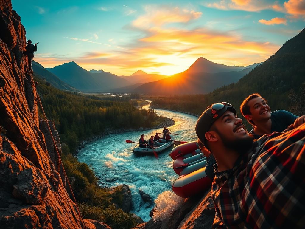 A breathtaking outdoor adventure scene featuring a group of friends engaged in thrilling activities against a stunning natural backdrop. In the foreground, rock climbers scale a rugged cliff face, their silhouettes framed by the golden glow of the setting sun. In the middle ground, a whitewater raft navigates a churning river, the paddlers' expressions filled with exhilaration. In the distance, a lush, forested landscape stretches out, with towering peaks silhouetted against a vibrant, colorful sky. The entire scene is bathed in a warm, golden light, creating a sense of energy, excitement, and the pure joy of experiencing the great outdoors. Shot with a wide-angle lens to capture the expansive, immersive feel of the adventure.