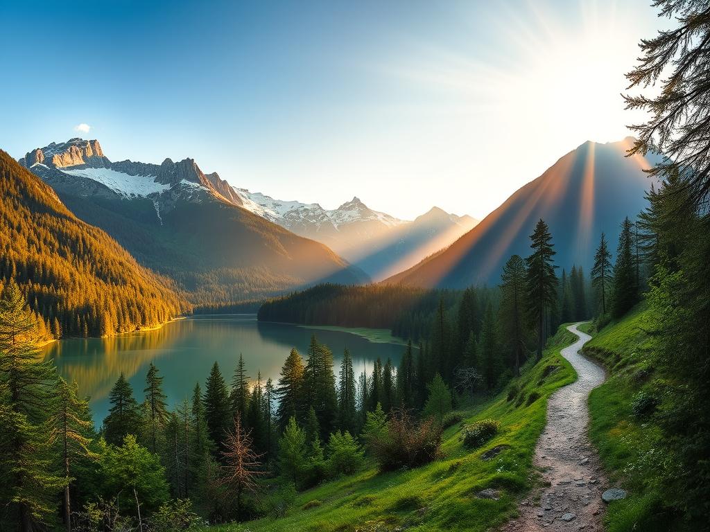 A breathtaking panorama of a pristine German nature park, captured under a warm golden hour glow. In the foreground, a serene lake reflects the lush, verdant forests that line its banks. Towering mountains rise majestically in the distance, their peaks dusted with a light layer of snow. Sunbeams filter through the canopy, casting a gentle, diffused light across the tranquil scene. A winding hiking trail leads the viewer deeper into this enchanting, unspoiled wilderness, inviting exploration and a deeper connection with the natural world. The overall atmosphere is one of peace, wonder, and a profound sense of harmony between man and nature.