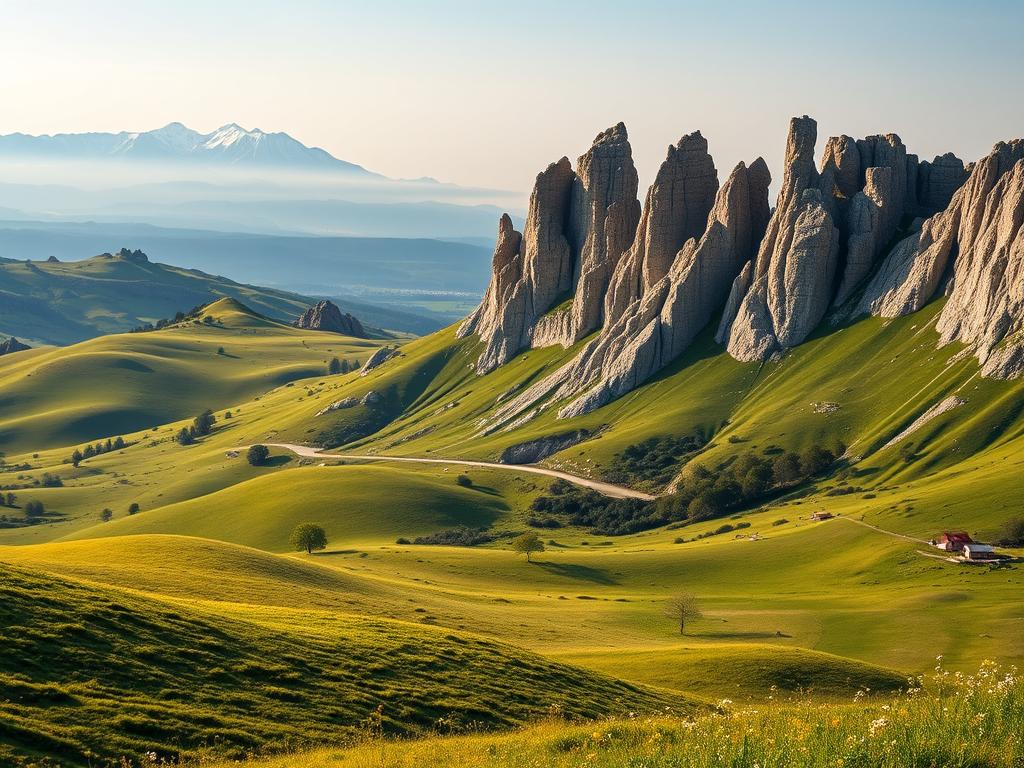 A breathtaking panorama of the Swabian Alb, a rugged limestone plateau in southern Germany. In the foreground, rolling hills dotted with lush meadows and wildflowers, casting a serene, pastoral atmosphere. The middle ground features dramatic rock formations, their jagged edges sculpted by the elements over millennia. In the distance, a hazy blue mountain range rises, its peaks capped with pristine snow. Soft, diffused natural light bathes the scene, creating a warm, inviting ambiance. The composition is balanced, with a sense of depth and scale that draws the viewer in. This stunning landscape, a true natural wonder, invites the observer to immerse themselves in its timeless beauty.