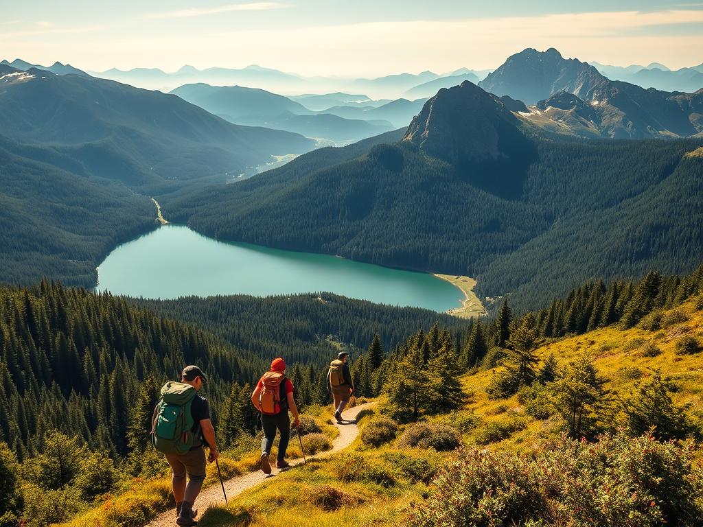 A breathtaking panoramic view of the lush, verdant landscapes of Baden-Württemberg, Germany. In the foreground, a group of hikers traversing a winding trail, their backpacks and hiking gear reflecting the sun's golden rays. The middle ground features a serene, crystal-clear lake surrounded by towering, rugged mountains, their peaks dusted with a light layer of snow. In the background, dense, evergreen forests stretch out as far as the eye can see, creating a sense of untamed, natural beauty. The scene is bathed in a warm, golden glow, with soft, diffused lighting highlighting the textures and details of the environment. The overall mood is one of adventure, tranquility, and the pure, untamed essence of the great outdoors.