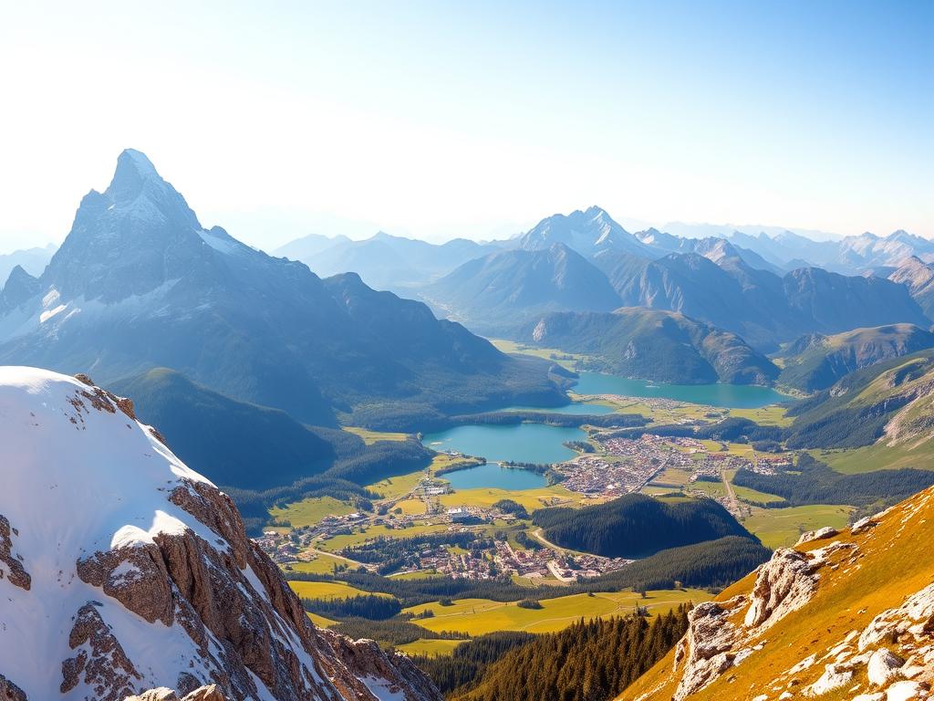 A breathtaking panoramic view of the majestic Alps, captured through the lens of a wide-angle camera. In the foreground, a rugged, snow-capped peak stands tall, its jagged edges cutting sharply against the clear, azure sky. Below, rolling hills and lush, verdant meadows stretch out, dotted with clusters of charming alpine villages. In the middle ground, a pristine alpine lake reflects the surrounding peaks, creating a mesmerizing mirror-like effect. The background is dominated by a sweeping, dramatic mountain range, their slopes cloaked in a soft, hazy mist that lends an air of mystery and grandeur. Warm, golden sunlight bathes the scene, casting a warm, inviting glow and accentuating the breathtaking natural beauty of this iconic alpine landscape.