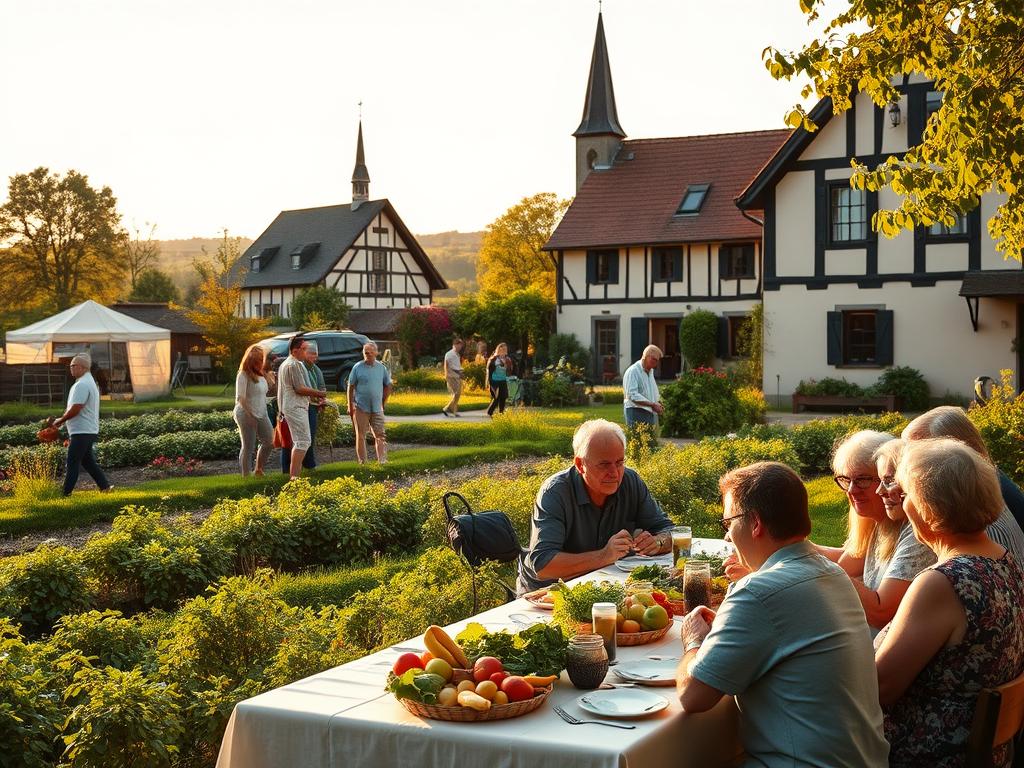 A bucolic countryside scene of community activities in a rural German village. In the foreground, a group of local residents gathered around a long table, enjoying a lively meal together and engaging in animated conversation. The middle ground features villagers tending to a communal garden, harvesting fresh produce. In the background, a traditional timber-framed farmhouse and a charming village church spire, bathed in warm, golden afternoon light. The atmosphere exudes a sense of togetherness, social connection, and the simple pleasures of country living.