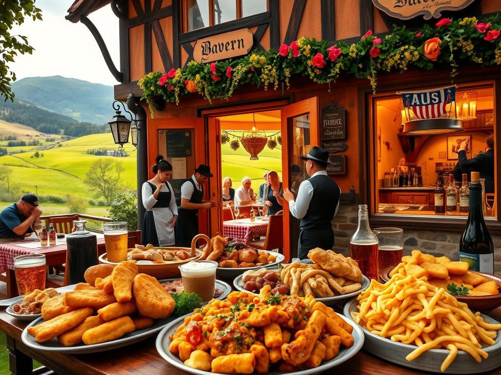 A bustling Bavarian tavern nestled in the rolling hills, its timeless facade bathed in warm, golden light. Through the open doorway, a lively scene unfolds - servers in traditional garb weaving between tables laden with hearty, aromatic dishes. In the foreground, a spread of local delicacies - crisp, golden-fried schnitzel, rich, creamy spaetzle, and a selection of craft beers and wines. In the background, a cozy, wood-paneled interior exudes old-world charm, while rolling green landscapes stretch out beyond the windows, hinting at the bounty of the Bavarian countryside. A harmonious blend of rustic tradition and modern culinary artistry, capturing the essence of Bavaria's gastronomic diversity.