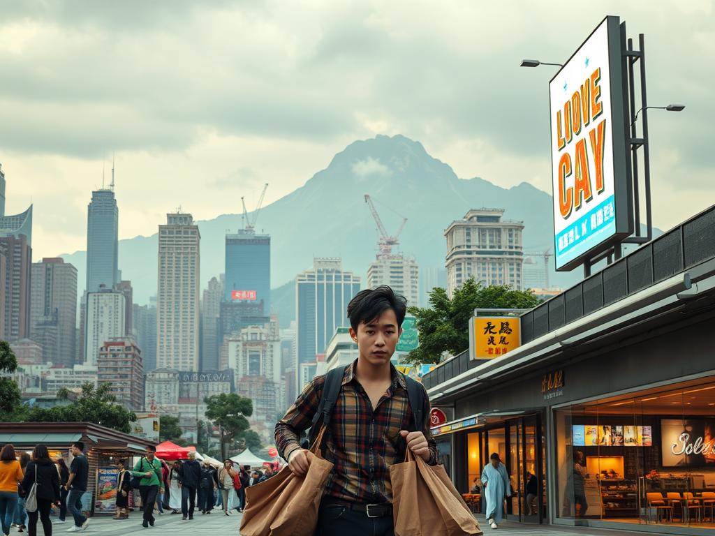 A bustling city skyline, towering skyscrapers casting long shadows over the crowded streets below. In the foreground, a young couple, weighed down by heavy bags, trudges along the sidewalk, their faces etched with worry. The middle ground reveals rows of boutique shops and cafes, their vibrant storefronts juxtaposed with the somber expressions of passersby. In the background, a looming mountain range, its peaks obscured by a hazy, overcast sky, a metaphor for the financial pressures pressing down on urban dwellers. Bright, neon-lit billboards advertise the latest consumer goods, heightening the sense of economic strain. The overall scene conveys the high cost of living in the city, driving more and more people to seek refuge in the tranquility of rural landscapes.