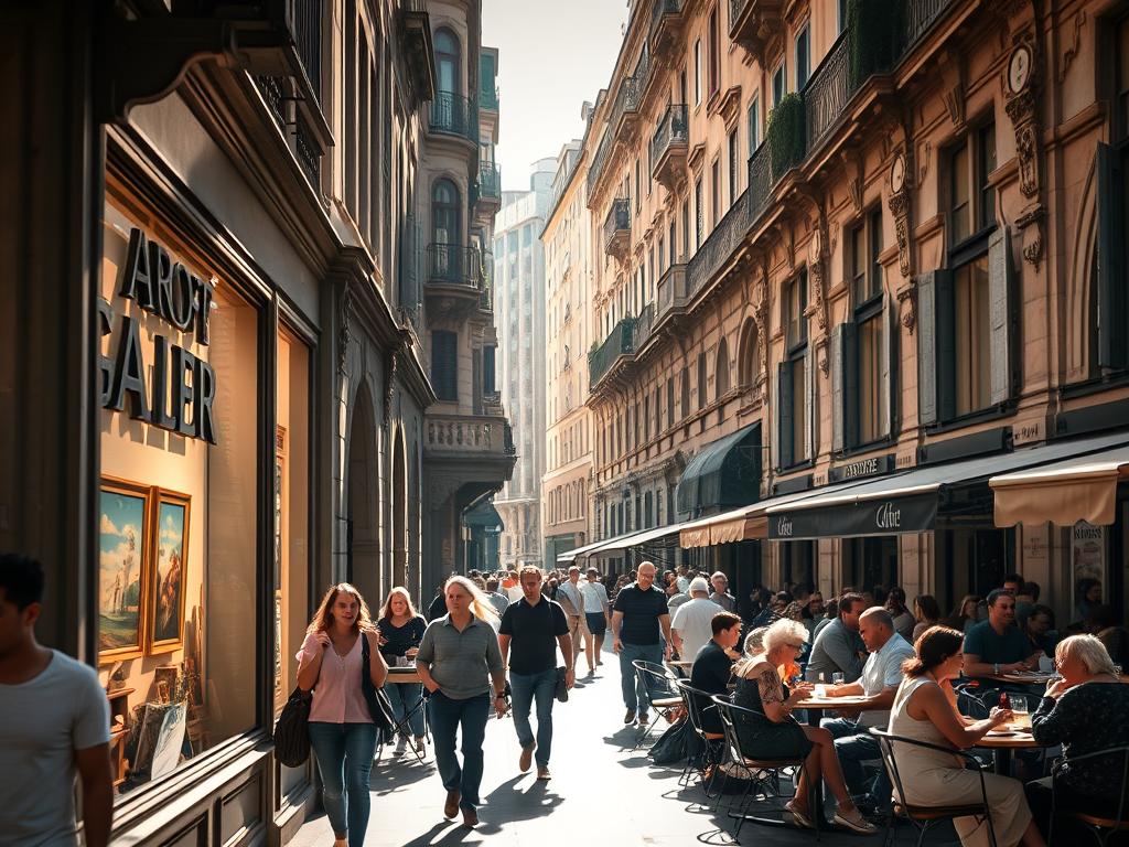 A bustling city street scene, bathed in warm, diffuse daylight. In the foreground, a group of people strolling along the sidewalk, pausing to admire the windows of a local art gallery. In the middle ground, a lively outdoor café, with tables spilling out onto the street, people sipping coffee and conversing animatedly. In the background, the facades of historic buildings, their ornate details and intricate architecture creating a sense of cultural richness. The atmosphere is one of vibrant urban life, inviting the viewer to explore the cultural treasures and experiences this city has to offer.
