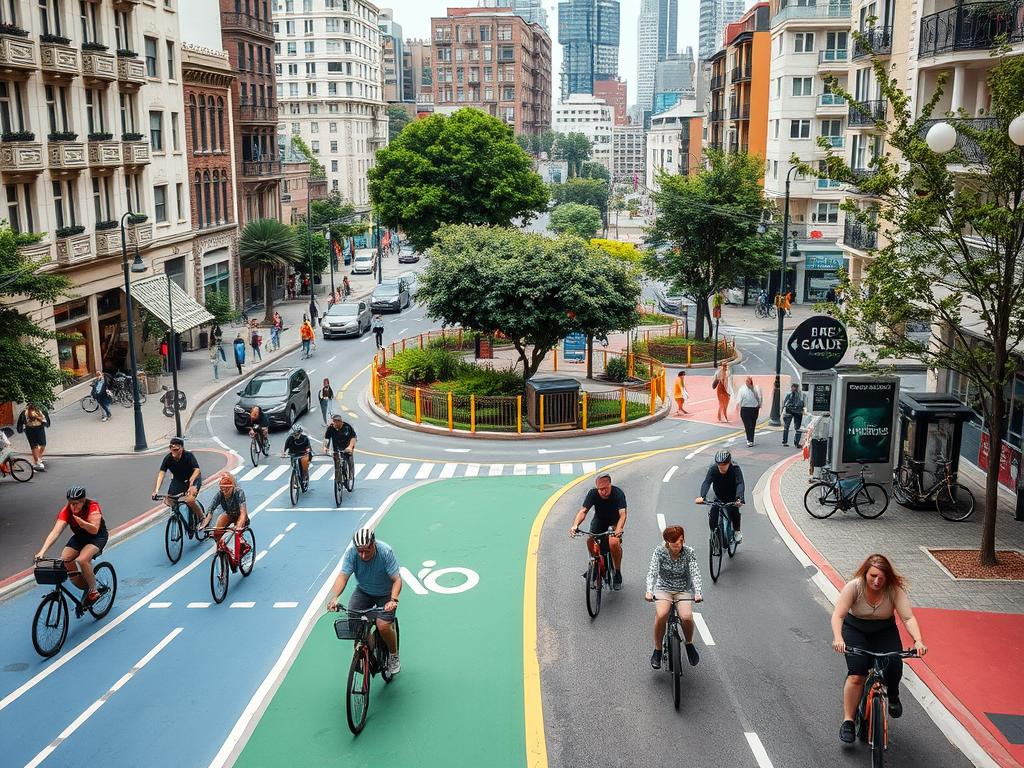 A bustling city street, showcasing the importance of bicycle infrastructure. In the foreground, a network of dedicated bike lanes and protected cycleways, painted in vibrant colors to delineate the space for cyclists. Bicyclists of all ages and abilities navigate the city, weaving through the urban landscape. In the middle ground, secure bike parking facilities and repair stations cater to the needs of the cycling community. The background reveals high-density buildings, lush greenery, and pedestrian-friendly plazas, all working in harmony to create a livable, sustainable urban environment. Soft, diffused lighting illuminates the scene, conveying a sense of warmth and accessibility. The overall composition celebrates the integration of bicycle infrastructure as a vital component of a thriving, people-centric city.