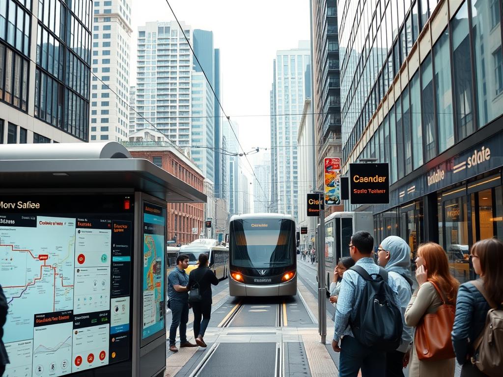 A bustling city street, the heart of a thriving public transportation network. In the foreground, a modern bus stop with sleek digital displays showcasing route maps, fare schedules, and real-time arrival information. Commuters stand patiently, their faces illuminated by the warm glow of the screens. In the middle ground, a tram glides by, its polished exterior reflecting the surrounding buildings. The background is a tapestry of high-rise offices, shops, and residential complexes, all connected by a well-integrated system of public transit options. The scene is bathed in a soft, diffused light, creating a sense of efficiency and progress. This is the future of public transportation pricing and ticketing systems, designed to seamlessly serve the needs of the community.