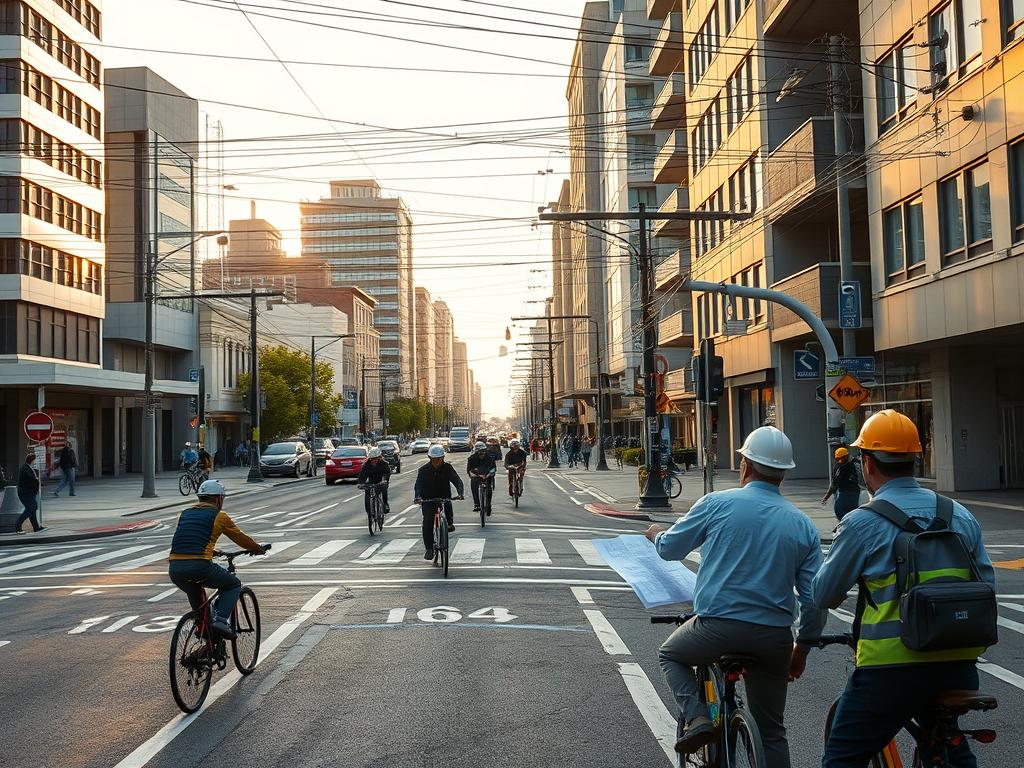 A bustling city street with bicycle lanes, intersections, and pedestrian crossings. In the foreground, construction workers and city planners pore over blueprints, discussing the challenges of infrastructure development. The middle ground showcases a mix of modern and older buildings, with cyclists navigating tight turns and narrow paths. In the background, a maze of power lines and utility poles hint at the complexities of urban planning. Warm afternoon sunlight casts long shadows, creating a sense of depth and urgency. The scene conveys the intricate balance of stakeholder concerns, limited space, and the need for innovative solutions to improve bicycle mobility in the city.