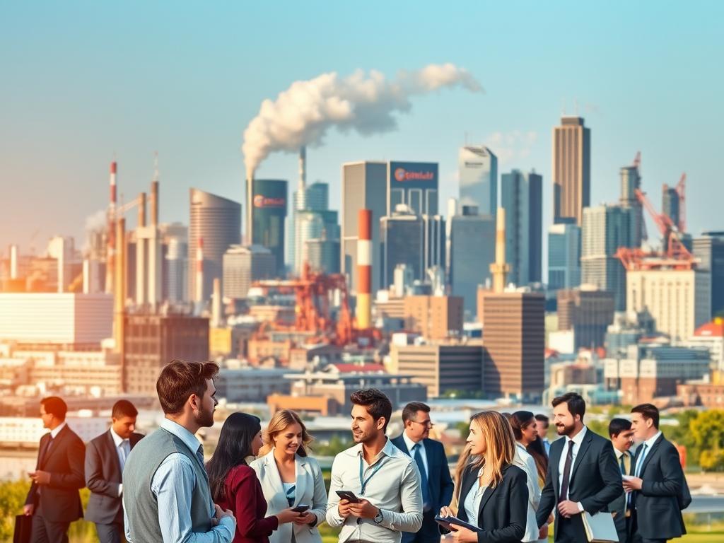 A bustling cityscape with modern high-rises, factories, and office buildings in the background, representing various industries and career paths. In the foreground, a diverse group of professionals, dressed in business attire, engaged in discussions and activities that showcase the dynamic nature of different occupations. The scene is illuminated by warm, diffused lighting, creating a sense of optimism and opportunity. The overall composition conveys the breadth of career prospects and the vibrant, interconnected nature of the job market in southern Germany.