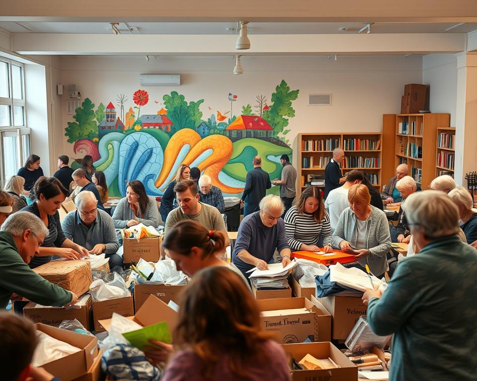 A bustling community center, filled with a diverse group of volunteers engaged in various activities. In the foreground, a group of people sorting and packing donated goods, their faces alight with purpose. In the middle ground, a team of individuals collaborating on a mural, their brushstrokes adding vibrant splashes of color to the walls. In the background, a cozy reading nook where senior citizens gather, sharing stories and wisdom. Soft, warm lighting illuminates the scene, capturing the spirit of camaraderie and civic-mindedness that defines "Ehrenamt" in Germany.