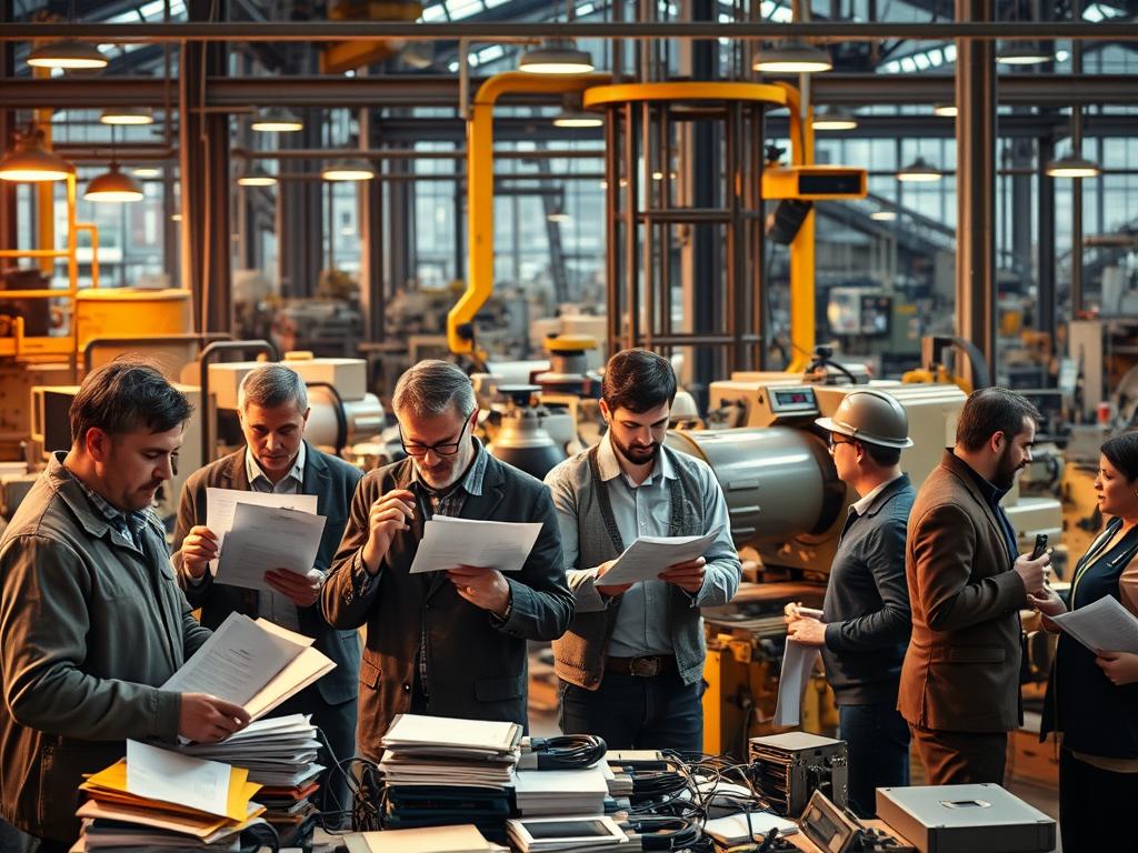 A bustling industrial setting, conveying the challenges faced by the German Mittelstand in 2026. In the foreground, a group of determined business owners grapple with complex paperwork, reflecting the administrative burdens they must navigate. In the middle ground, state-of-the-art machinery and technologies symbolize the need for digital transformation, while skilled workers collaborate to optimize efficiency. The background showcases the dynamic urban landscape, hinting at the competitive global market the Mittelstand must navigate. Warm, focused lighting illuminates the scene, lending a sense of purpose and resilience, as the Mittelstand rises to meet the demands of the future.