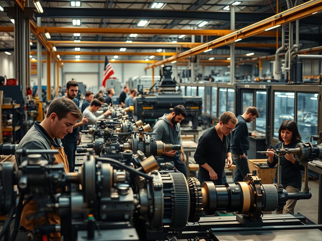 A bustling industrial workshop, bathed in warm lighting. In the foreground, a team of skilled craftspeople work intently on a complex machine, their faces alight with inspiration. The middle ground showcases an array of innovative prototypes and cutting-edge technologies, hinting at the Mittelstand's pioneering spirit. In the background, a sleek, modern factory hums with efficiency, its gleaming equipment and sleek architecture symbolizing the Mittelstand's capacity for adaptation and progress. The scene exudes a sense of collaborative dynamism, where tradition and innovation converge to drive the German economy forward.