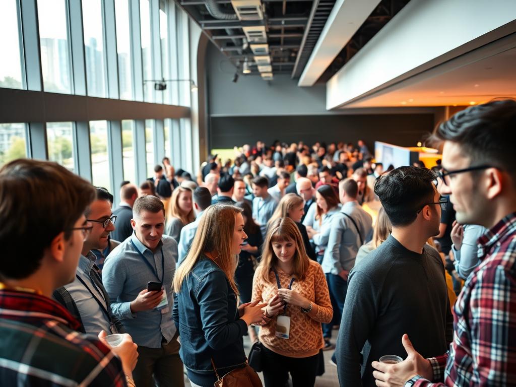A bustling networking event for German startup founders, captured in a vibrant, dynamic scene. In the foreground, a group of entrepreneurs engaged in lively discussions, exchanging ideas and making valuable connections. The middle ground features a diverse array of attendees mingling, networking over refreshments, and showcasing their products or services. The background depicts the sleek, modern interior of an event space, with large windows allowing natural light to flood the room, creating an energetic and welcoming atmosphere. Soft, diffused lighting casts a warm glow, highlighting the enthusiastic interactions and creating a sense of productivity and optimism. The angle is slightly elevated, allowing the viewer to observe the scene from an insightful perspective, capturing the essence of a thriving startup community.