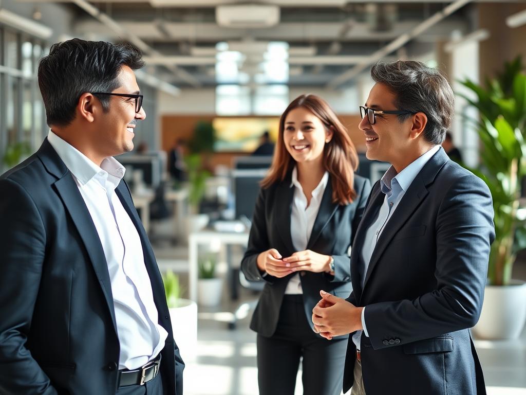 A bustling office scene, with two businesspeople dressed in professional attire engaged in a conversation. The background features a modern, well-lit open-plan workspace, complete with desks, computers, and office plants. The figures are in the foreground, their body language and facial expressions indicating a friendly yet formal interaction, showcasing the nuances of dialect and language use in a corporate setting. The lighting is soft and natural, creating a welcoming atmosphere. The composition emphasizes the cultural and linguistic diversity present in the professional world, capturing the essence of the section title "The Significance of Dialects in the Business World".
