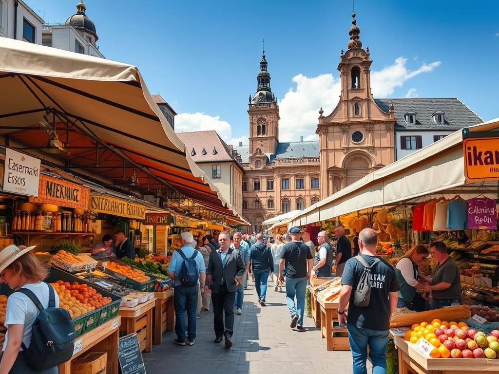 A bustling open-air market in the heart of Stuttgart, Germany. The Wochenmarkt Stuttgart comes alive with vibrant stalls showcasing an abundance of fresh local produce, artisanal breads, cheeses, and flowers. Shoppers navigate the lively aisles, surrounded by the aroma of freshly brewed coffee and the chatter of vendors. Sunlight filters through the canopy of umbrellas, casting a warm glow over the scene. In the background, the historic architecture of the city provides a picturesque backdrop, inviting visitors to immerse themselves in the authentic local experience. The atmosphere is lively, inviting, and quintessentially Baden-Württemberg.
