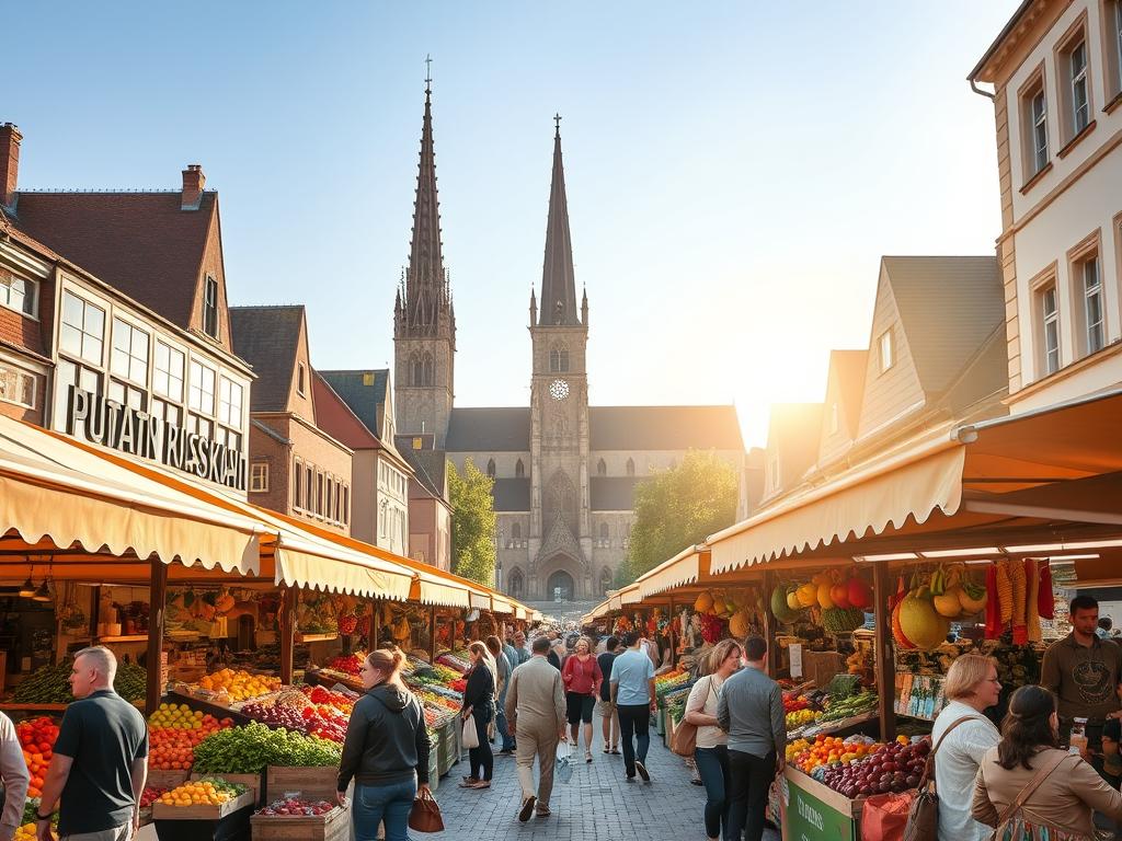 A bustling open-air market in the heart of Ulm, Germany, with rows of vibrant produce stalls, artisanal food trucks, and local crafters showcasing their wares. Warm sunlight filters through the canopies, casting a golden glow over the lively scene. In the foreground, patrons browse an abundance of fresh fruits, vegetables, and regional delicacies, while in the middle ground, vendors enthusiastically interact with customers. In the background, the iconic Ulm Minster cathedral towers above, its spire reaching towards the clear blue sky. The atmosphere is one of community, tradition, and the celebration of local foods and crafts, perfectly capturing the essence of a beloved Bavarian farmers' market.