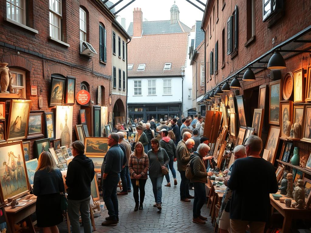 A bustling open studio event in a charming town, with local artists showcasing their works in cozy, well-lit workspaces. Warm natural lighting filters through large windows, illuminating vibrant paintings, sculptures, and handcrafted ceramics. Visitors meander between the studios, admiring the creative process and engaging with the artists. In the background, cobblestone streets and quaint, historic buildings set the stage for this celebration of regional art and culture. An inviting, authentic atmosphere permeates the scene, reflecting the passion and talent of the local creative community.