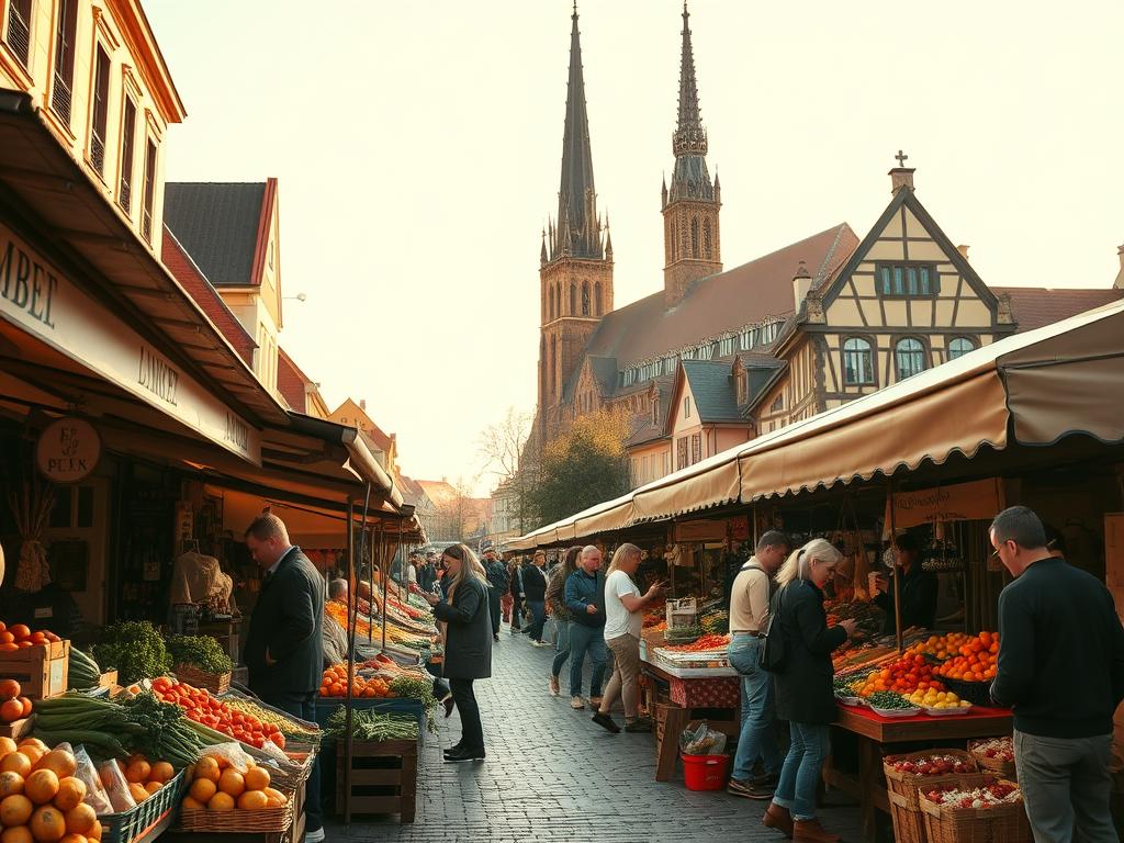 A bustling outdoor market scene in the historic city of Ulm, Germany. The foreground showcases an array of fresh produce and local delicacies, with vendors haggling and customers comparing prices. In the middle ground, quaint stalls and tents line the cobblestone streets, creating a vibrant and lively atmosphere. The background features the iconic Ulmer Münster, a stunning Gothic cathedral, towering over the market and providing a picturesque backdrop. Warm, diffused sunlight filters through the scene, casting a golden glow and highlighting the vibrant colors of the wares on display. The overall composition conveys the spirit of a traditional European marketplace, inviting the viewer to immerse themselves in the bustling energy and experience the price comparisons between vendors.