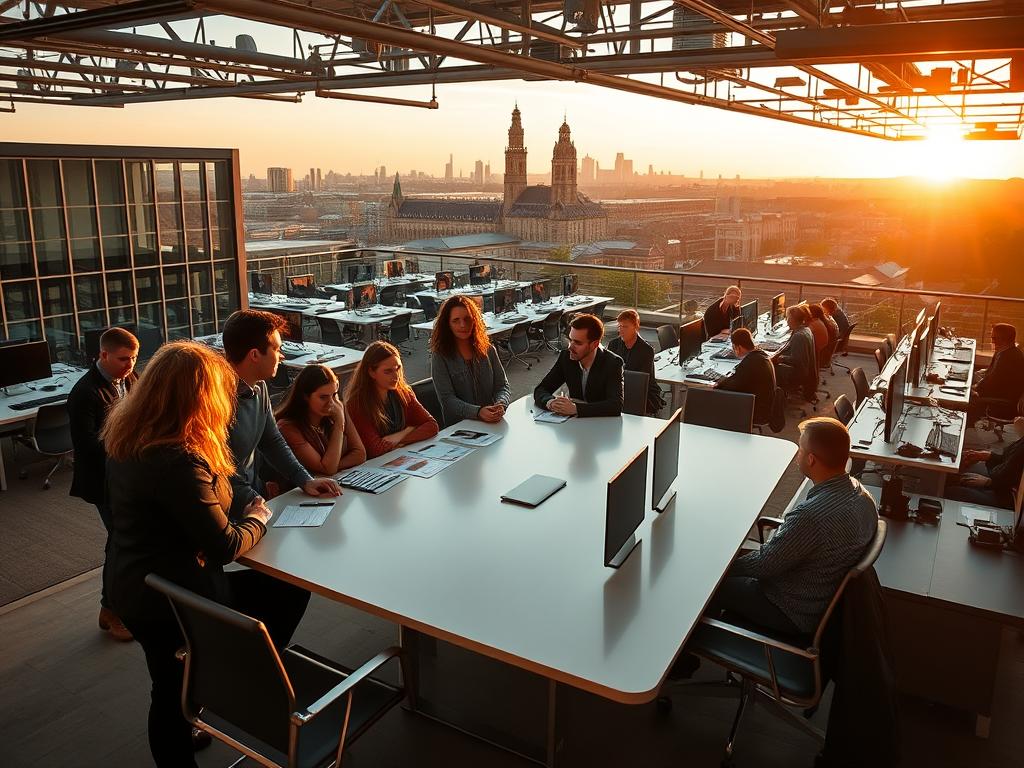 A bustling scene of successful Bavarian startups, captured in a stylish, documentary-style photograph. In the foreground, a group of young, dynamic founders gather around a sleek, minimalist conference table, engaged in animated discussion. The middle ground features rows of modern, open-plan workspaces, with employees collaborating at state-of-the-art computer stations. In the background, the iconic skyline of Munich rises, bathed in warm, golden light from the setting sun. The overall atmosphere conveys a sense of innovation, productivity, and regional pride. Crisp, high-resolution details, shot with a wide-angle lens to emphasize the scale and vibrancy of the startup ecosystem.