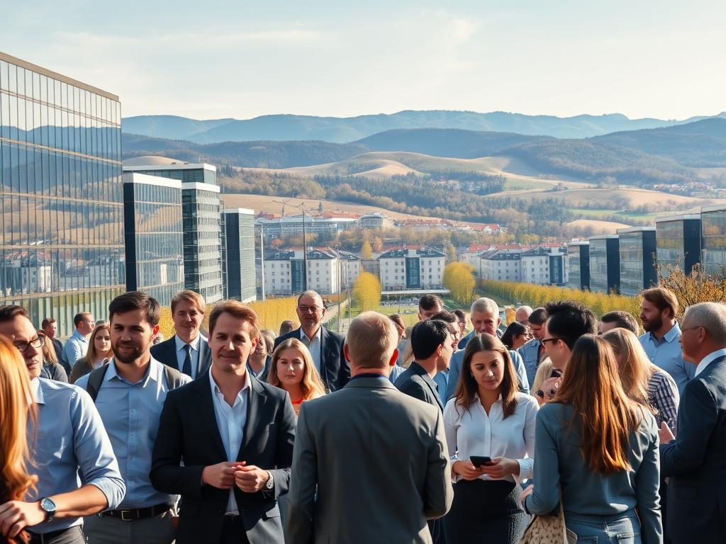 A bustling southern German labor market, captured in a wide-angle lens. In the foreground, professionals of diverse ages and backgrounds engage in animated discussions, their body language conveying a sense of dynamic collaboration. The middle ground features rows of modern office buildings, their glass facades reflecting the afternoon sunlight. In the distance, the rolling hills of the picturesque southern German landscape provide a serene backdrop, hinting at the region's natural beauty and quality of life. The scene exudes an atmosphere of productivity, opportunity, and optimism, capturing the current trends and best career prospects in the thriving southern German job market.
