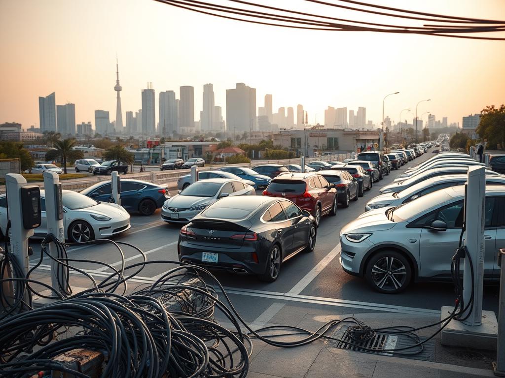 A bustling southern city, its streets lined with electric vehicles charging at sleek, modern stations. In the foreground, a tangle of power cables and charging ports, reflecting the challenges of infrastructure development. The middle ground showcases diverse EV models, from compact city cars to larger SUVs, hinting at the range of consumer needs. In the background, a skyline of towering skyscrapers and residential buildings, suggesting the scale of the energy demands. Soft, warm lighting illuminates the scene, creating an atmosphere of progress and innovation, tempered by the complexities of transitioning to a sustainable mobility future.