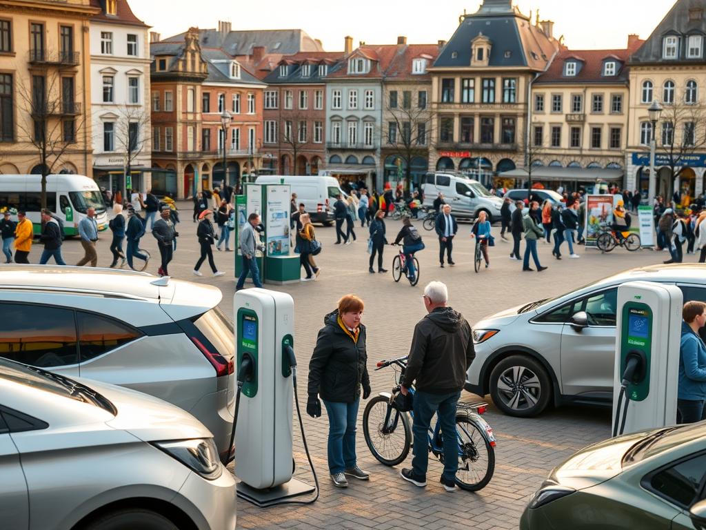 A bustling town square, brimming with local initiatives championing the mobility transition. In the foreground, electric vehicles charge at sleek, modern charging stations, their clean energy harnessing a sense of progress. Residents gather around information kiosks, discussing sustainable transport options and swapping ideas. In the middle ground, bicyclists and pedestrians weave through the lively scene, underscoring the community's embrace of eco-friendly mobility. The background frames this with a backdrop of historic municipal buildings, their timeless architecture contrasting with the cutting-edge technology. Warm, diffused lighting creates a welcoming atmosphere, capturing the spirit of collaborative, grassroots action driving the local mobility revolution.