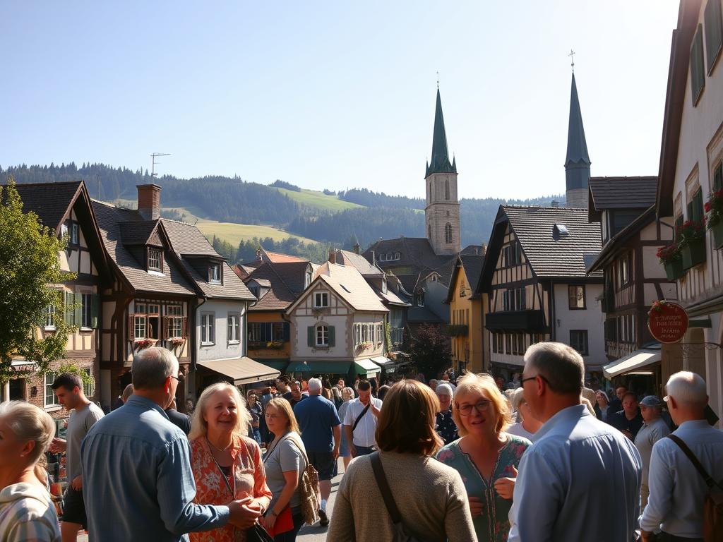 A bustling town square in a quaint Bavarian village, bathed in warm afternoon sunlight. In the foreground, locals converse animatedly in their distinctive regional dialect, gesticulating with lively expressions. The middle ground features a charming mix of traditional half-timbered houses and small shops, their facades adorned with ornate details. In the background, rolling hills and a towering church steeple create a picturesque pastoral scene. The overall atmosphere is one of vibrant community, where the rhythms and cadences of the local Mundart dialect are woven into the fabric of everyday life.