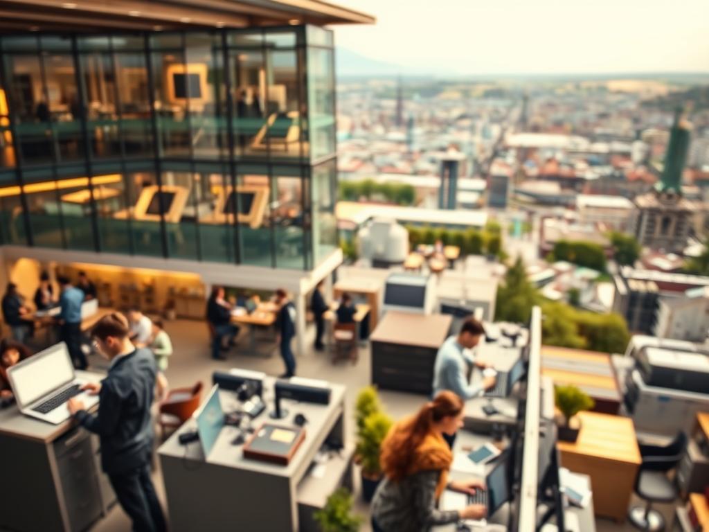 A bustling urban cityscape in southern Germany, highlighting the diverse array of vocational training opportunities. In the foreground, young professionals engage in hands-on activities at various workstations, representing the dynamic range of apprenticeships available. The middle ground showcases modern, well-equipped training facilities, with students immersed in their studies. In the background, a panoramic view of the region's picturesque landscapes and thriving industries, symbolizing the wealth of career prospects. Warm, diffused lighting casts a welcoming glow, while a shallow depth of field emphasizes the focal points. The overall atmosphere conveys the vibrant, future-oriented nature of vocational education in southern Germany.