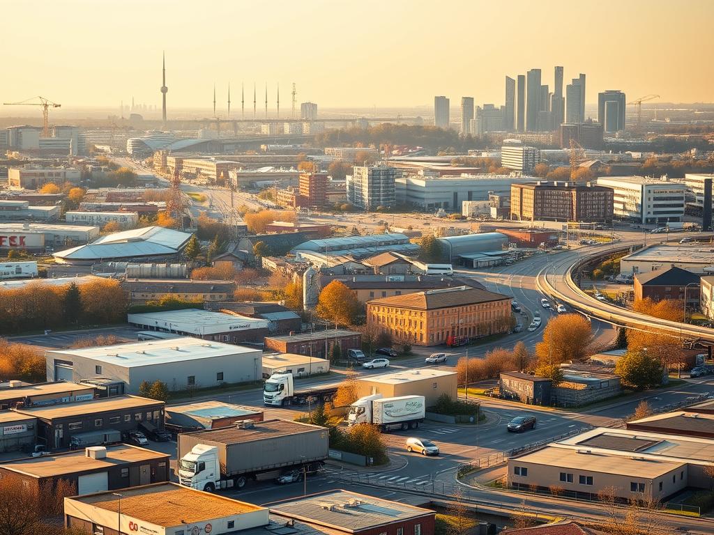 A bustling urban landscape, showcasing the heart of German industry - the Mittelstand. In the foreground, a cluster of small to medium-sized factories and workshops, their facades adorned with subtle signage and a sense of timeless craftsmanship. The middle ground features a web of interconnected roads, with delivery trucks and company vehicles navigating the thriving commercial district. In the background, the skyline is punctuated by the towering spires of corporate headquarters, a testament to the Mittelstand's integral role in supporting the broader German economy. The scene is bathed in warm, golden light, casting a sense of prosperity and resilience upon this vital segment of the German business landscape.