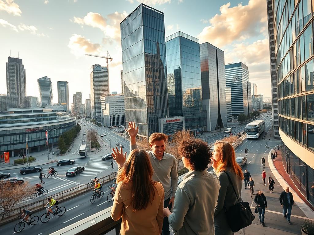 A bustling urban landscape showcasing the vibrant start-up ecosystem in Germany. In the foreground, a group of young professionals collaborating in a modern, minimalist office space, their faces animated with energy and enthusiasm. In the middle ground, towering glass-and-steel skyscrapers housing the headquarters of successful tech companies, their sleek architecture a testament to innovation. The background features a network of busy streets, with cyclists and pedestrians weaving through the flow of traffic, capturing the dynamic, fast-paced nature of the German start-up scene. The scene is bathed in warm, golden lighting, evoking a sense of optimism and opportunity. The overall composition conveys the rapid growth, creativity, and entrepreneurial spirit that define the current state of Germany's start-up landscape.