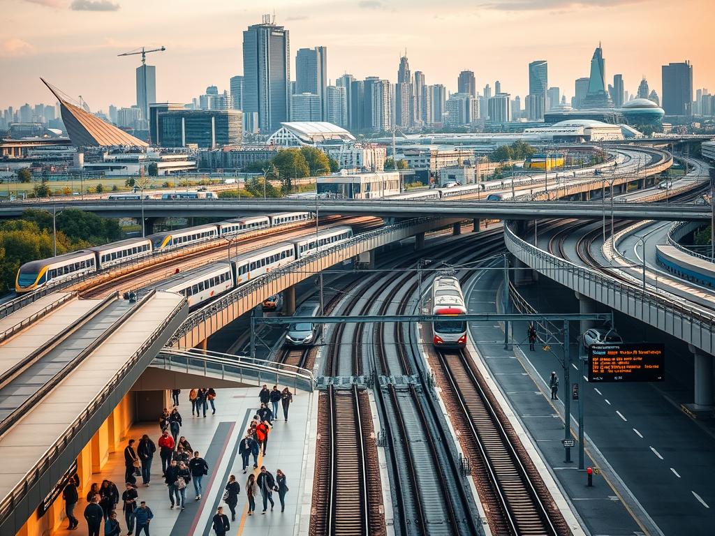 A bustling urban scene depicting the commuting destinations of Germany's workforce. In the foreground, a train station with passengers hurrying through its grand, well-lit concourse. In the middle ground, a web of elevated rail lines and highway overpasses, carrying a steady stream of buses, cars, and commuter trains. In the background, a skyline of modern high-rises and corporate office towers, symbolizing the economic hubs drawing in workers from across the region. The image conveys a sense of efficient, if sometimes hectic, interconnectivity - the lifeblood of Germany's commercial centers. Lit by warm, golden tones to evoke a mood of productivity and opportunity.