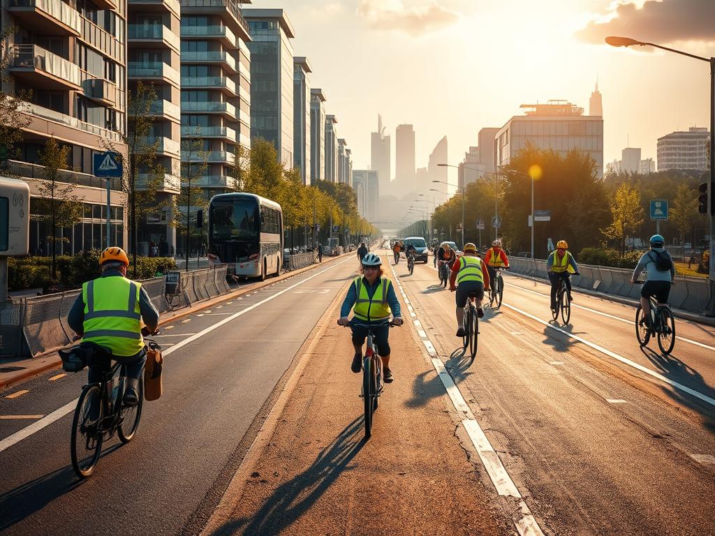 A bustling urban scene depicting the construction of new bicycle infrastructure in Germany. In the foreground, workers in high-visibility vests are laying down smooth asphalt paths, their tools and machinery providing a sense of progress and purpose. In the middle ground, sleek, modern bicycles glide along freshly painted bike lanes, their riders enjoying the safe and efficient commute. In the background, a cityscape of contemporary architecture and lush greenery frames the active construction site, hinting at the integration of sustainable transportation into the urban landscape. Warm sunlight filters through the scene, casting a vibrant glow and emphasizing the collaborative effort to expand Germany's cycling network.