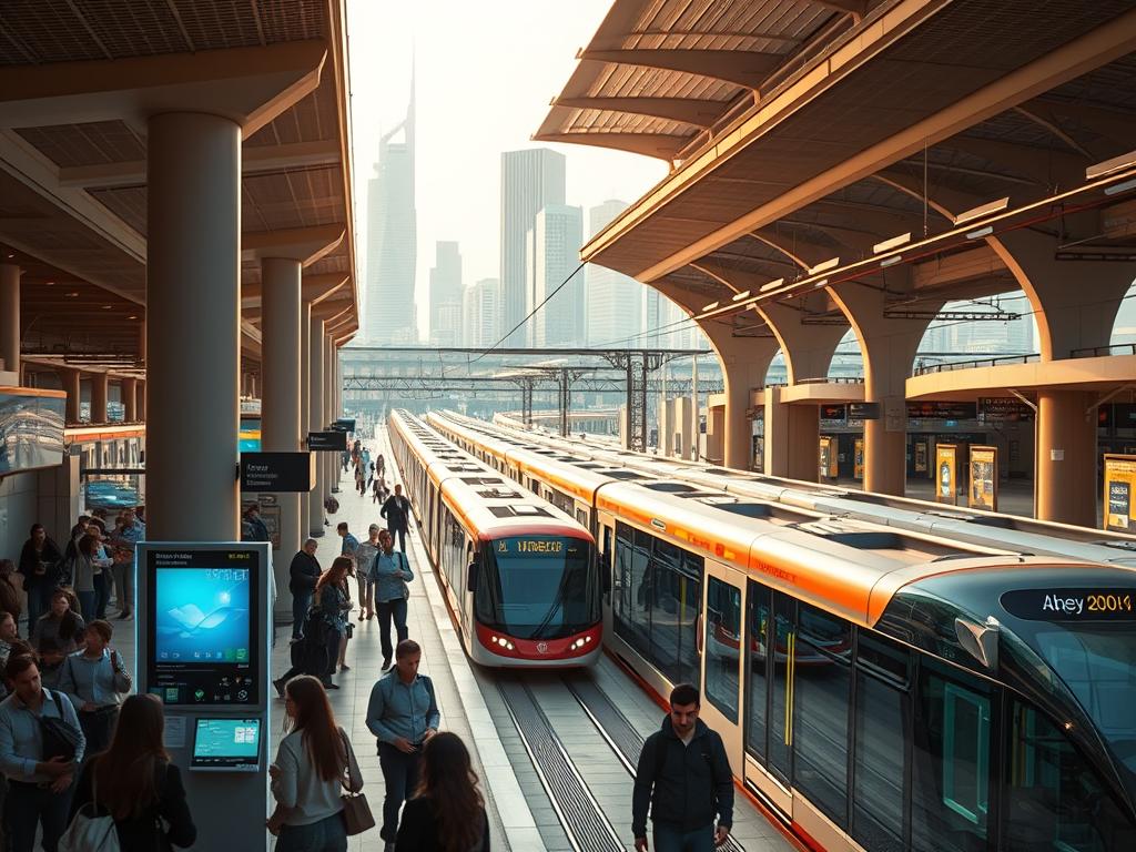 A bustling urban scene of a modern public transportation hub, bathed in warm, natural lighting. The foreground features a group of commuters interacting with digital kiosks and signage, highlighting the integration of technology into the daily commute. In the middle ground, sleek, automated trams and buses seamlessly navigate through the well-organized infrastructure, reflecting the efficiency and connectivity of the digitalized system. The background showcases a skyline of futuristic, sustainable buildings, conveying a vision of a technologically-advanced, environmentally-conscious public transit network. The overall atmosphere exudes a sense of progress, convenience, and a smooth, seamless user experience.