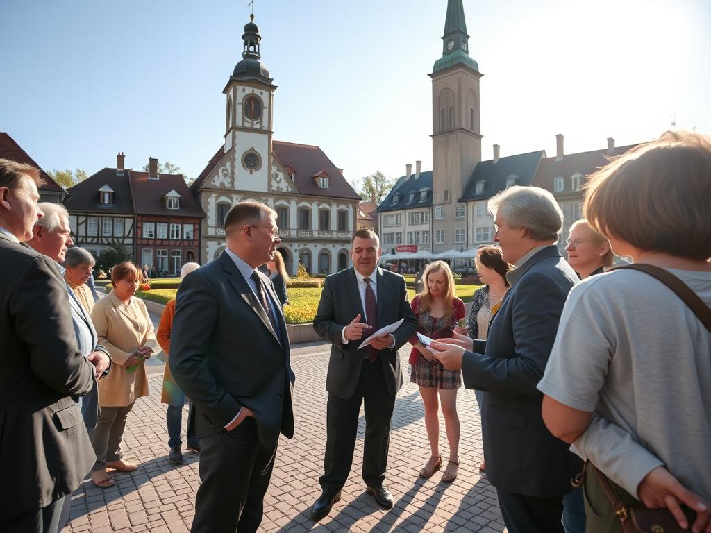 A bustling village square, the sun's warm glow casting long shadows across the cobblestoned ground. In the center, the town hall stands tall, its ornate facade and clock tower a symbol of municipal authority. A group of villagers gather, discussing local matters with the attentive Bürgermeister, his crisp suit and serious expression conveying the weight of his responsibilities. In the background, a lush garden and rows of quaint houses suggest the tranquil, pastoral setting of this rural community. The Bürgermeister listens intently, making notes and gesturing as he addresses the concerns of his constituents, his role as the guiding force behind the village's well-being evident in every interaction.