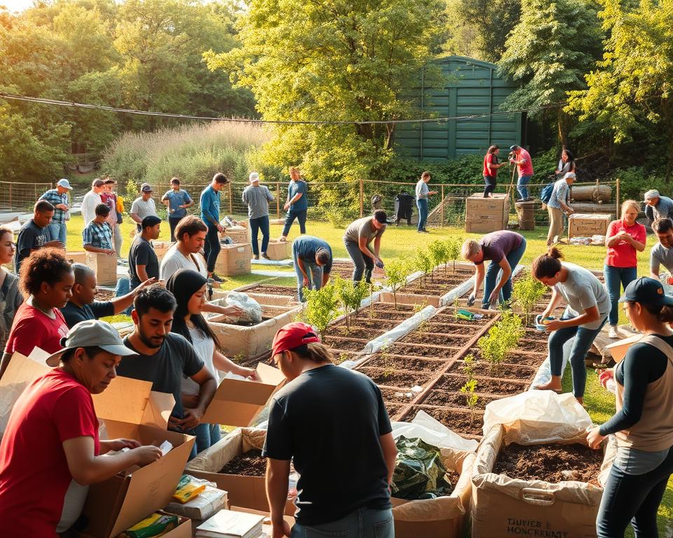 A busy scene of volunteers actively engaged in various social and environmental projects. In the foreground, a group of people diligently sorting and packing donated goods for a local charity. In the middle ground, a team of individuals working together to build a community garden, planting trees and cultivating raised beds. In the background, a cleanup crew meticulously removing litter and debris from a nearby riverbank, surrounded by lush greenery. Warm, natural lighting illuminates the industrious activity, conveying a sense of purpose and community involvement. The overall atmosphere is one of productive collaboration and civic-mindedness.