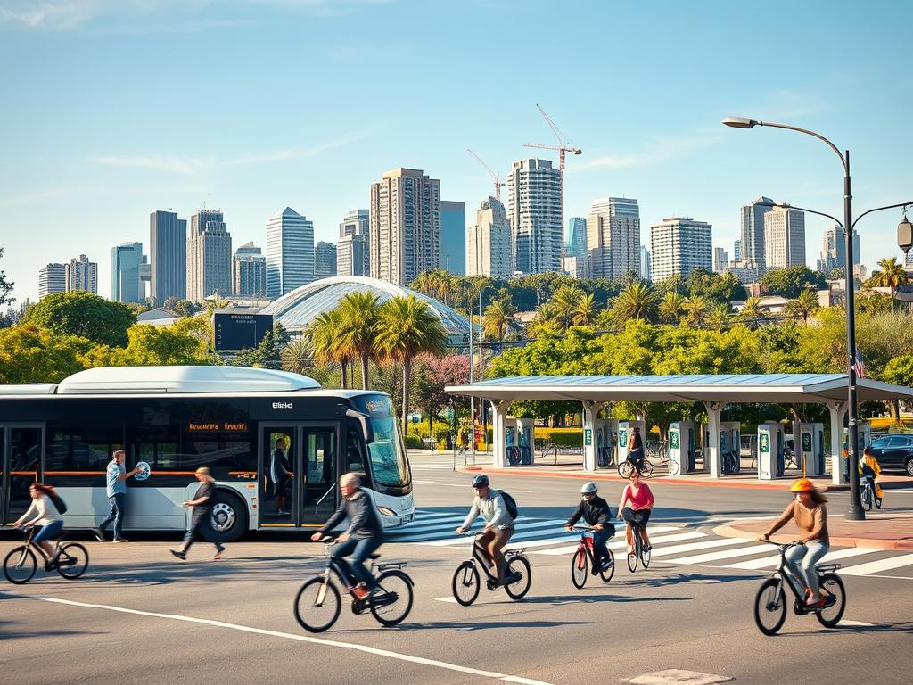 A busy urban intersection bustling with sustainable modes of transportation. In the foreground, a sleek electric bus pulls up to a modern, well-designed bus stop, its passengers stepping on and off. Bicyclists and electric scooter riders zip past, weaving through the traffic. In the middle ground, a park-and-ride facility with solar-powered charging stations for electric vehicles. In the background, a skyline of energy-efficient high-rise buildings, complemented by lush greenery and a clear blue sky. The scene is illuminated by warm, natural lighting, conveying a sense of progress, efficiency, and environmental consciousness.