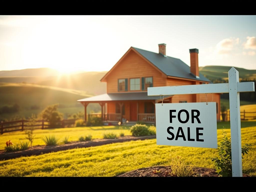 A charming countryside farmhouse set against a backdrop of lush rolling hills, its warm-toned exterior and neatly manicured garden exuding a sense of peaceful tranquility. Sunlight filters through the windows, casting a soft, golden glow across the scene. In the foreground, a "For Sale" sign stands proudly, its simple text conveying the affordable nature of this rural property. The overall composition evokes the appealing simplicity and value of country living, perfect for those seeking to escape the hustle and bustle of city life.