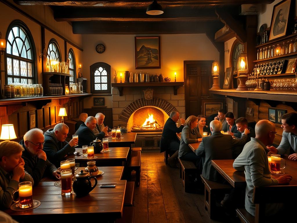A cozy Bavarian Wirtshaus interior, bathed in the warm glow of candles and oil lamps. Rustic wooden tables and benches surrounded by locals sipping on foaming mugs of beer, engaged in lively conversation. Shelves line the walls, stocked with antique glassware and ceramic steins. The air is thick with the aroma of sizzling bratwurst and roasted potatoes. Soft, golden light filters in through leaded glass windows, casting a welcoming ambiance throughout the room. A roaring fireplace crackles in the corner, casting flickering shadows across the scene. The overall atmosphere exudes a profound sense of Gemütlichkeit - the quintessential feeling of coziness, comfort and conviviality that epitomizes the traditional Bavarian Wirtshaus experience.