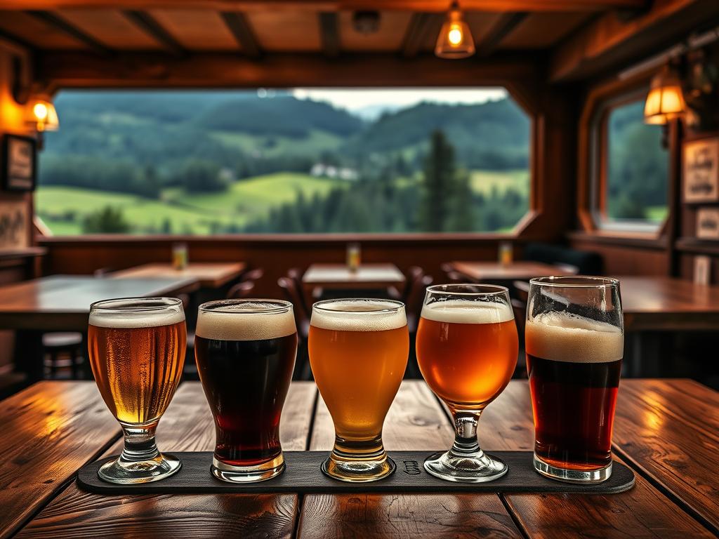 A cozy Bavarian tavern, its rustic wooden tables adorned with an array of distinctive beer glasses. In the foreground, a flight of artisanal local brews - a golden lager, a rich dunkel, and a hoppy IPA, each reflecting the centuries-old brewing traditions of the region. The middle ground showcases a backdrop of rolling hills and lush forests, hinting at the natural resources that shape these unique beer styles. Warm, ambient lighting casts a gentle glow, evoking the convivial atmosphere of a traditional Bavarian Bierstube. The scene captures the essence of "Besondere Biersorten aus Bayern" - a celebration of the authentic, handcrafted beer culture that thrives in Southern Germany.