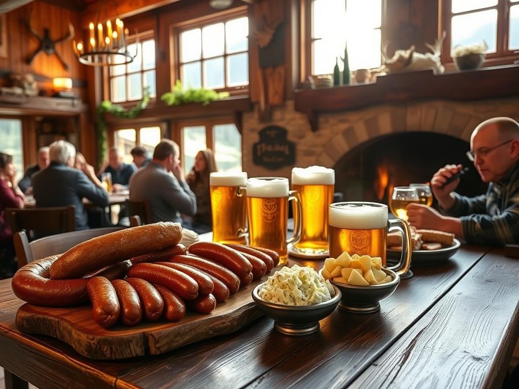 A cozy Bavarian tavern nestled in a picturesque alpine landscape, bathed in warm, golden light filtering through large windows. In the foreground, a rustic wooden table displays a mouthwatering array of regional delicacies - juicy bratwurst, crisp pork knuckle, hearty potato salad, and foaming mugs of fresh, locally brewed beer. The middle ground features patrons enjoying the traditional fare, conversing animatedly and savoring the flavors. In the background, a stone fireplace crackles, casting a welcoming glow, while antlers and vintage decor adorn the charming, timber-framed walls. An atmosphere of authentic Bavarian hospitality and seasonal bounty pervades the scene.