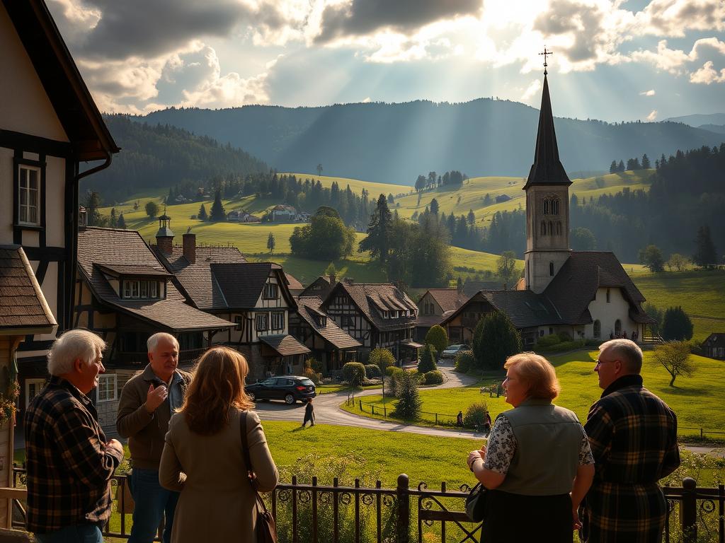 A cozy Bavarian village nestled in rolling hills, with traditional half-timbered houses, ornate church spires, and lush green meadows. In the foreground, locals converse animatedly in the distinct Bavarian dialect, their gestures and expressions conveying the unique regional character. Sunlight filters through the clouds, casting a warm, golden glow over the scene. The overall atmosphere evokes a sense of rustic charm and enduring cultural heritage.