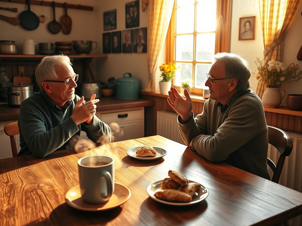 A cozy Swabian kitchen scene, bathed in warm, golden light from a large window. In the foreground, two friends sit at a wooden table, deep in conversation, gesticulating animatedly as they exchange stories in the distinctive Swabian dialect. On the counter behind them, a steaming mug of coffee and a plate of traditional Swabian pastries. The walls are adorned with vintage cooking utensils and family photos, creating a homely, inviting atmosphere. The scene conveys the importance of dialect and casual conversation in everyday Swabian life.