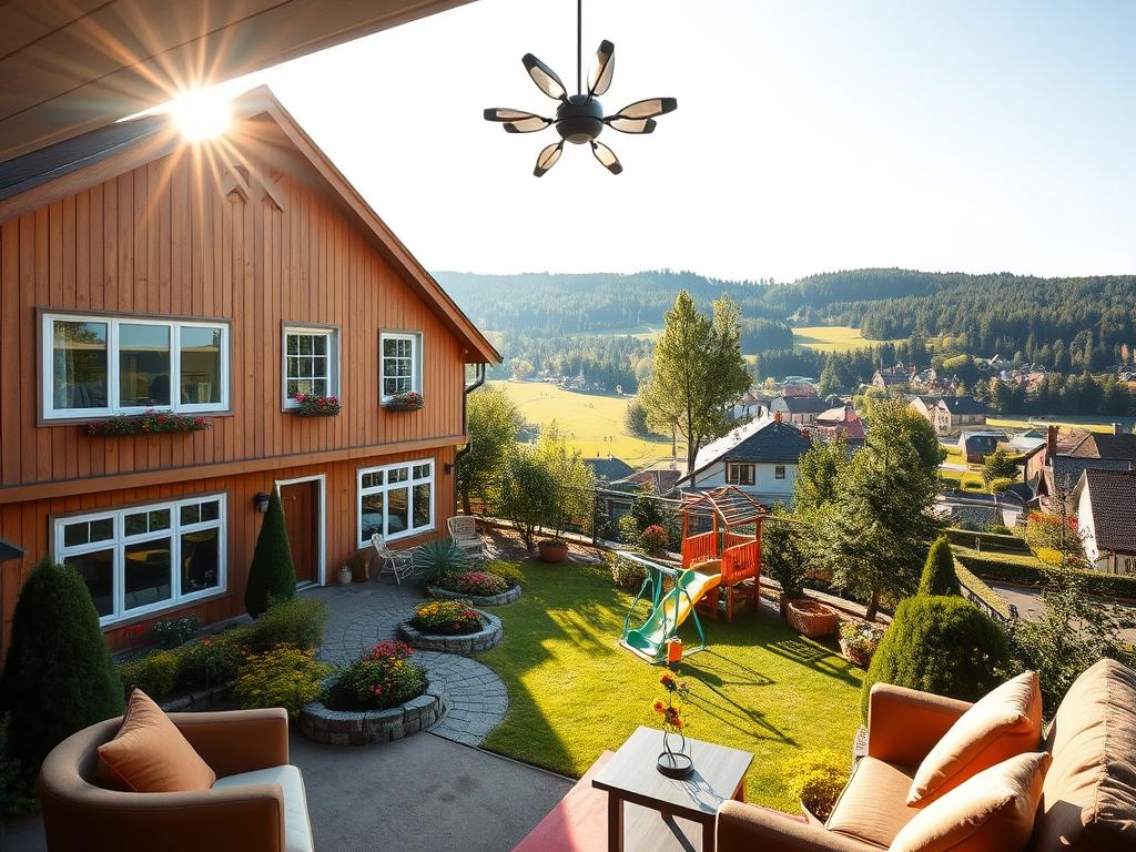 A cozy family-friendly hotel nestled in the lush, rolling hills of Baden-Württemberg. The building's warm, inviting exterior is surrounded by a meticulously manicured garden, complete with a whimsical playground for children. Sunlight filters through large windows, casting a soft, golden glow throughout the interior. Plush, comfortable furnishings and playful decor create a welcoming atmosphere. In the background, a glimpse of the region's picturesque countryside, with its charming villages and verdant forests. The overall scene exudes a sense of tranquility and familial contentment, perfectly capturing the essence of a "Familienfreundliche Unterkunft" in Baden-Württemberg.
