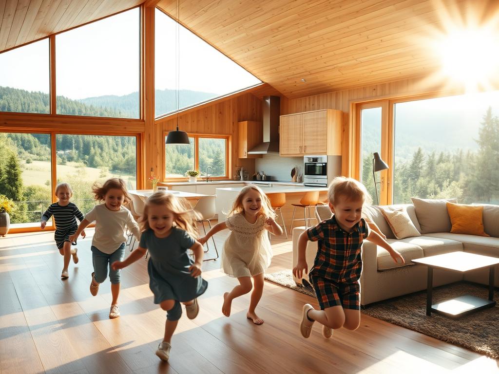 A cozy family home nestled in the lush, verdant Schwarzwald. In the foreground, children playfully run through a sunlit, spacious living room, their laughter echoing against the warm wooden tones and inviting furniture. Natural light pours in through large windows, casting a serene glow over the scene. In the middle ground, a well-appointed kitchen with modern appliances seamlessly blends into the open-concept layout, encouraging togetherness. The background reveals a picturesque view of the rolling, forested hills beyond, hinting at the tranquil, nature-immersed setting. An atmosphere of comfort, relaxation, and quality time shared pervades the image, capturing the essence of cozy, family-friendly living in the Schwarzwald.